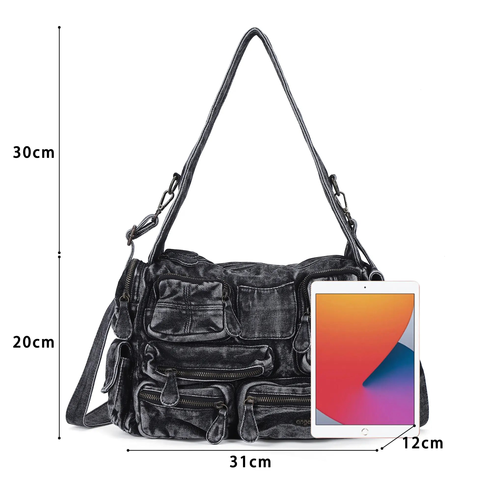 Everyday Washed Denim Multi-Pocket Cargo Shoulder Bag