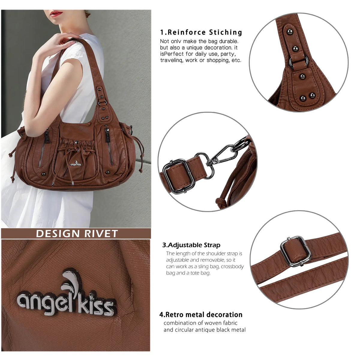 Multi-Pocket Vegan Leather Tote Shoulder Bag