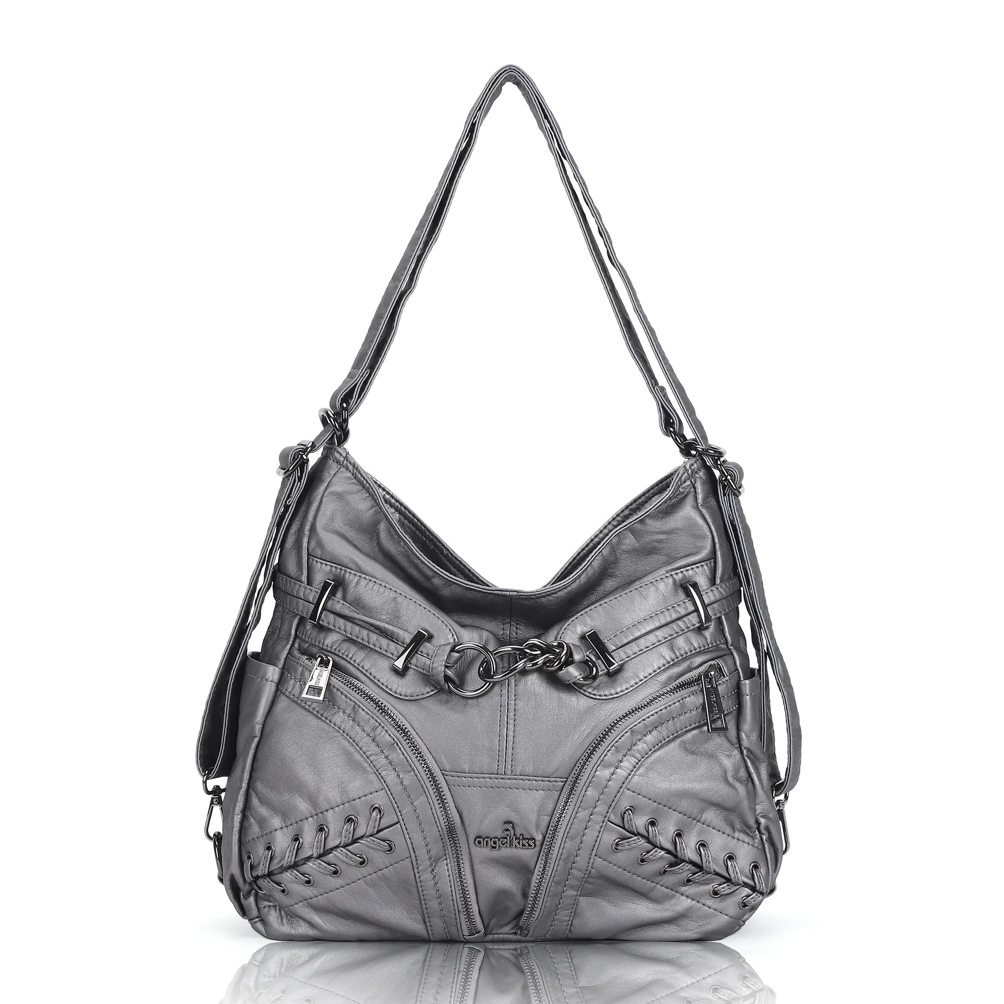 Diagonal Zipper Rivet Hobo Shoulder Bag