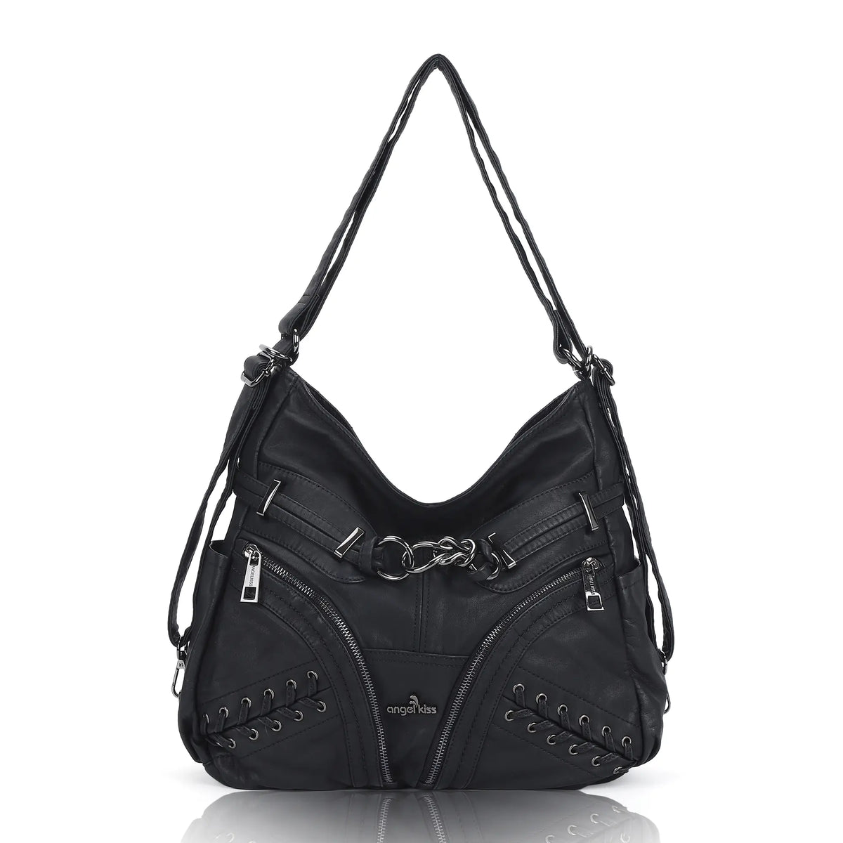 Diagonal Zipper Rivet Hobo Shoulder Bag