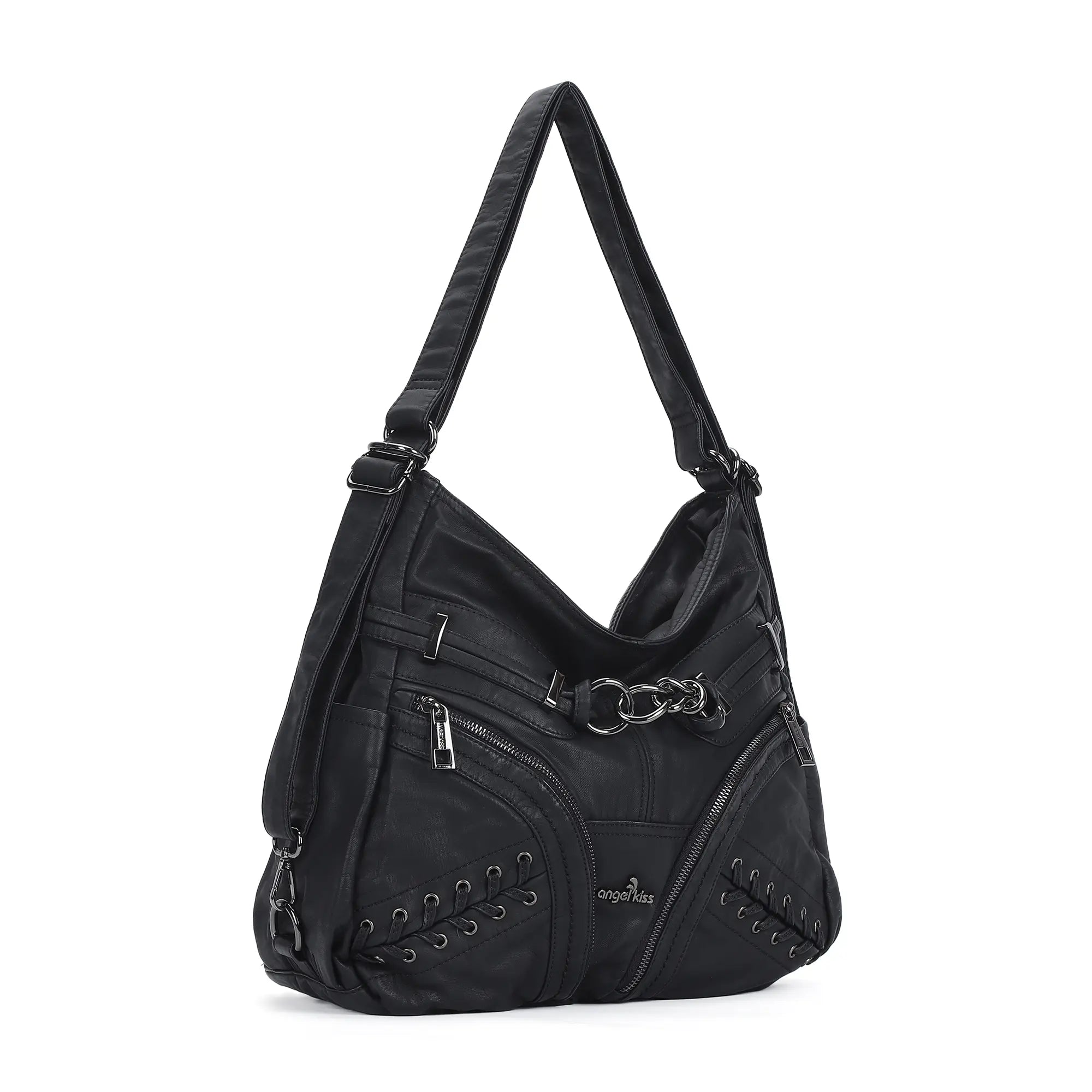 Diagonal Zipper Rivet Hobo Shoulder Bag