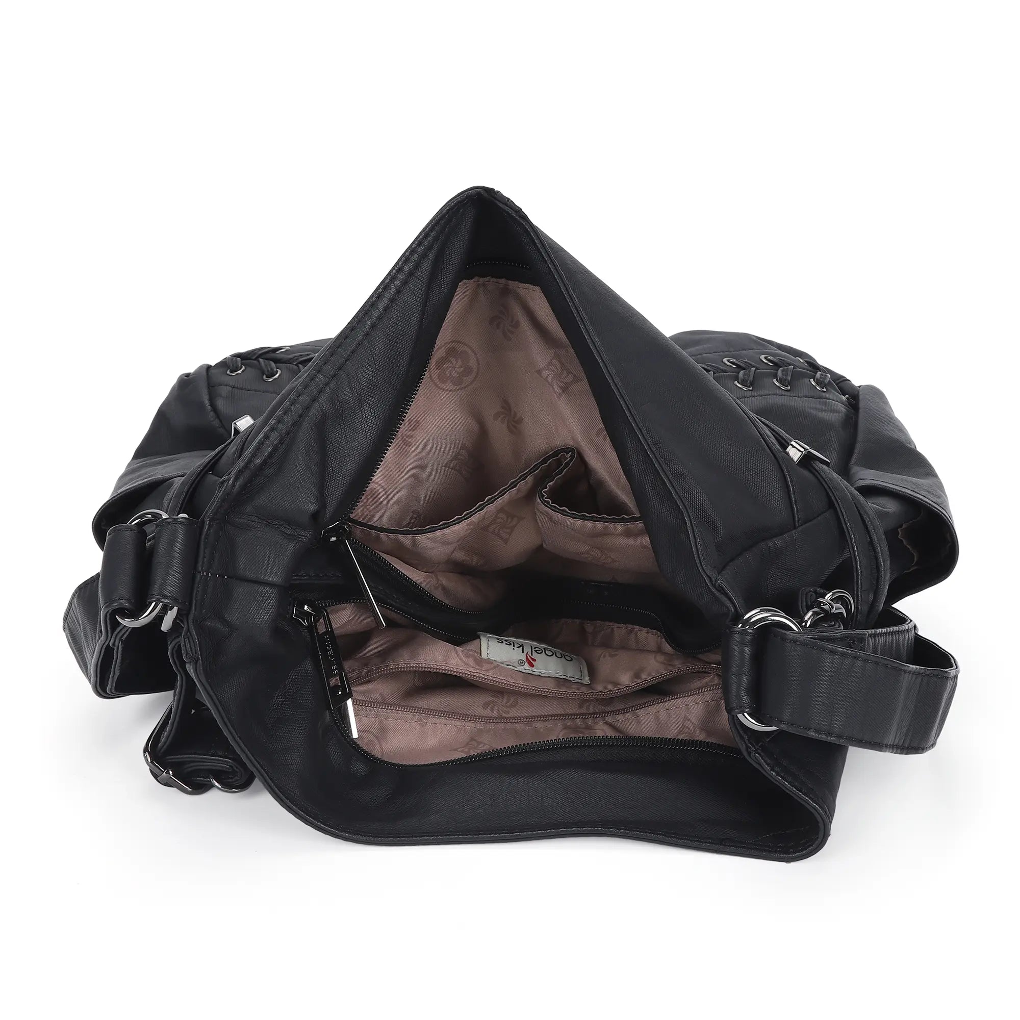 Diagonal Zipper Rivet Hobo Shoulder Bag