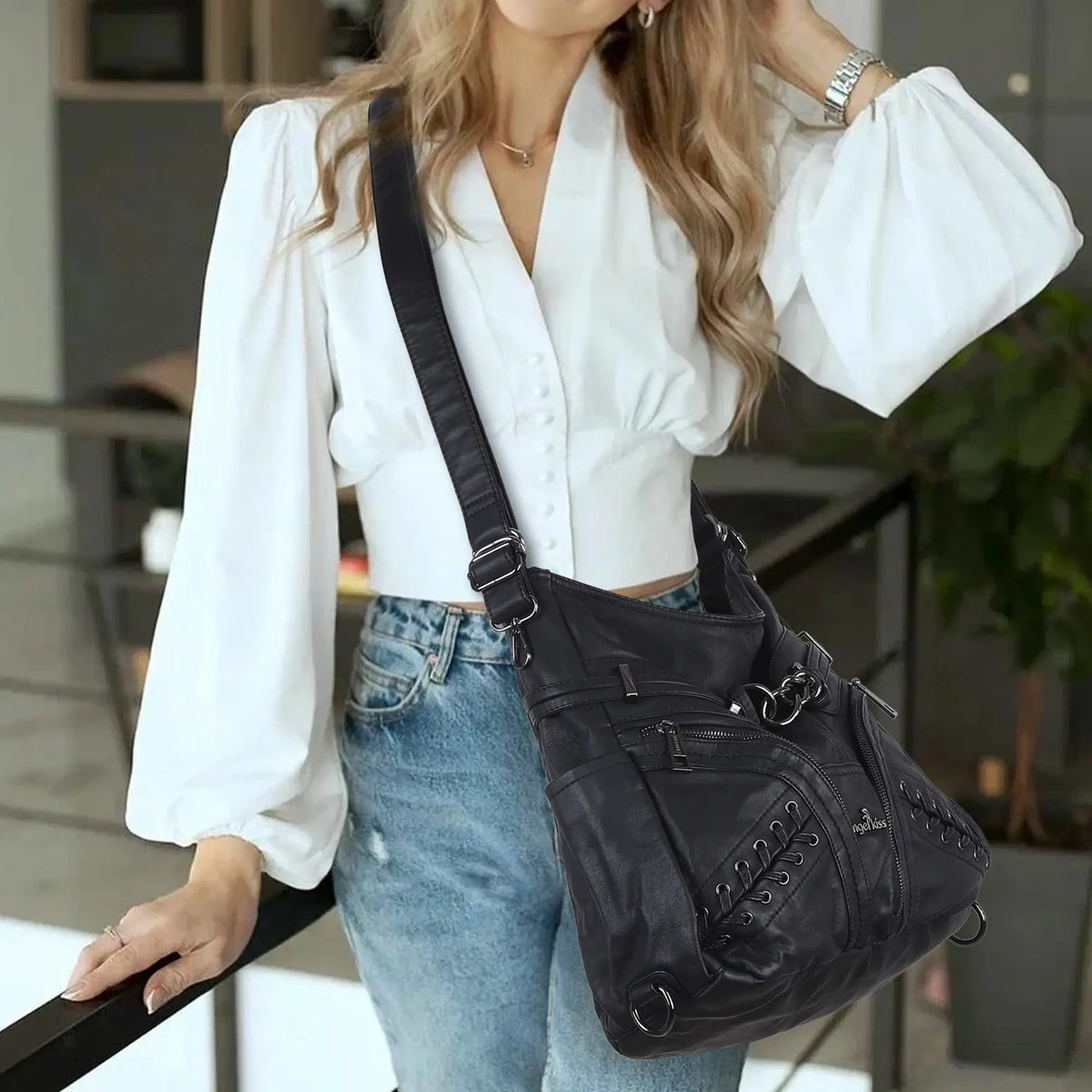 Diagonal Zipper Rivet Hobo Shoulder Bag