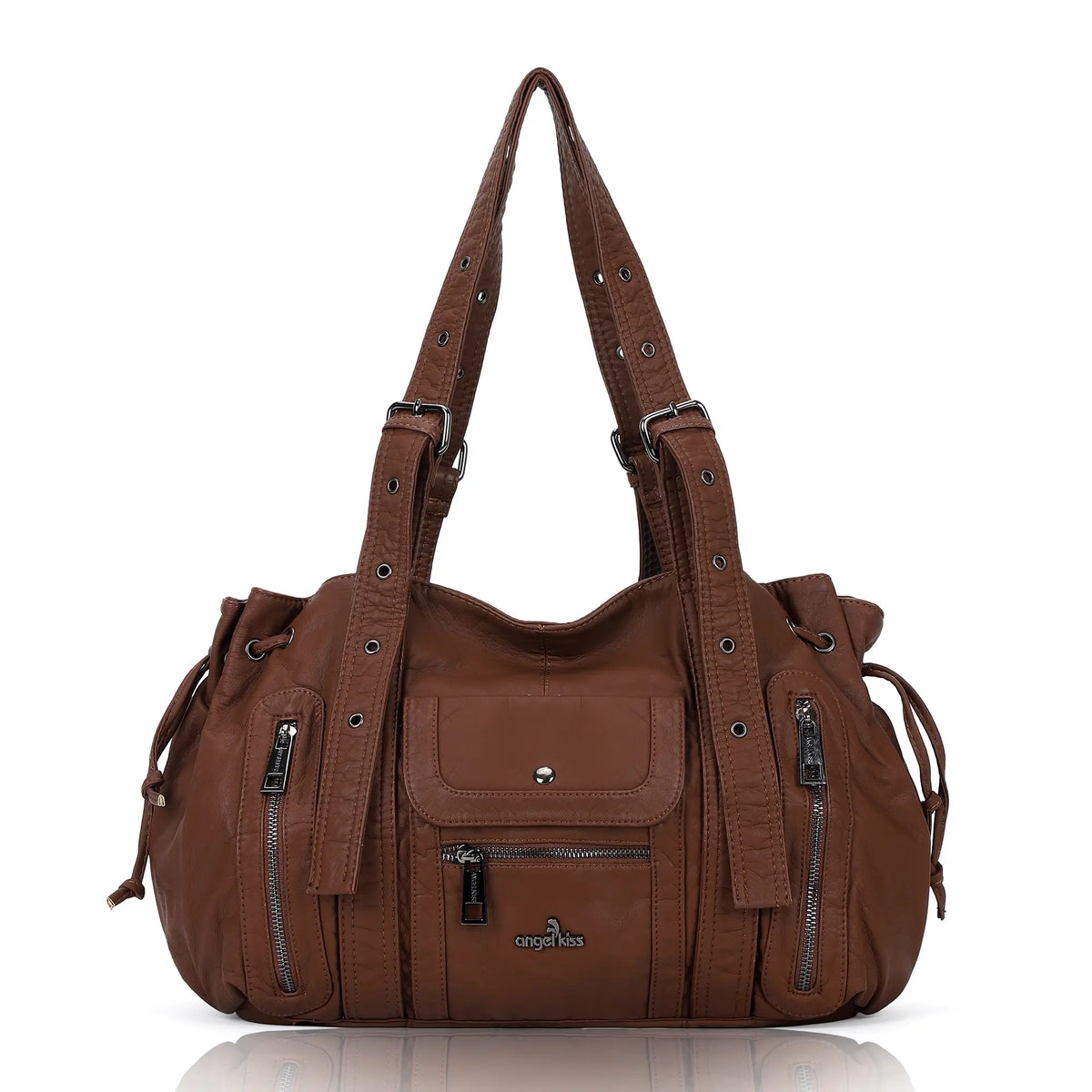 Vintage Multi Pocket Vegan Leather Shoulder Tote with Wide Straps