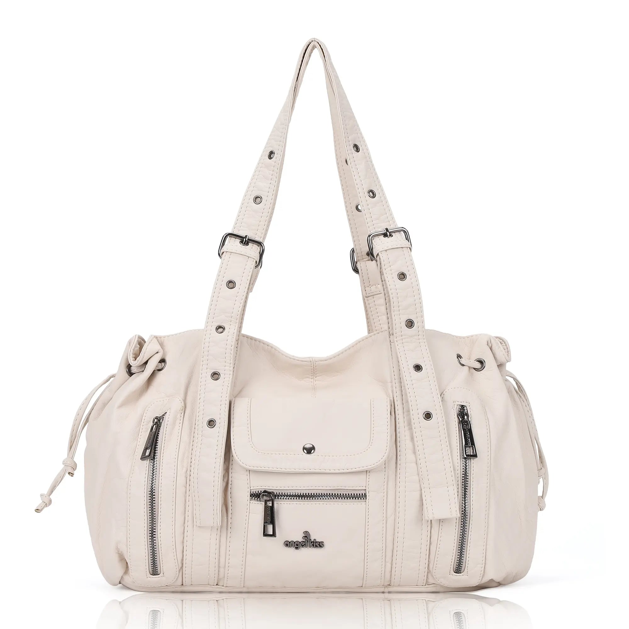 Vintage Multi Pocket Vegan Leather Shoulder Tote with Wide Straps