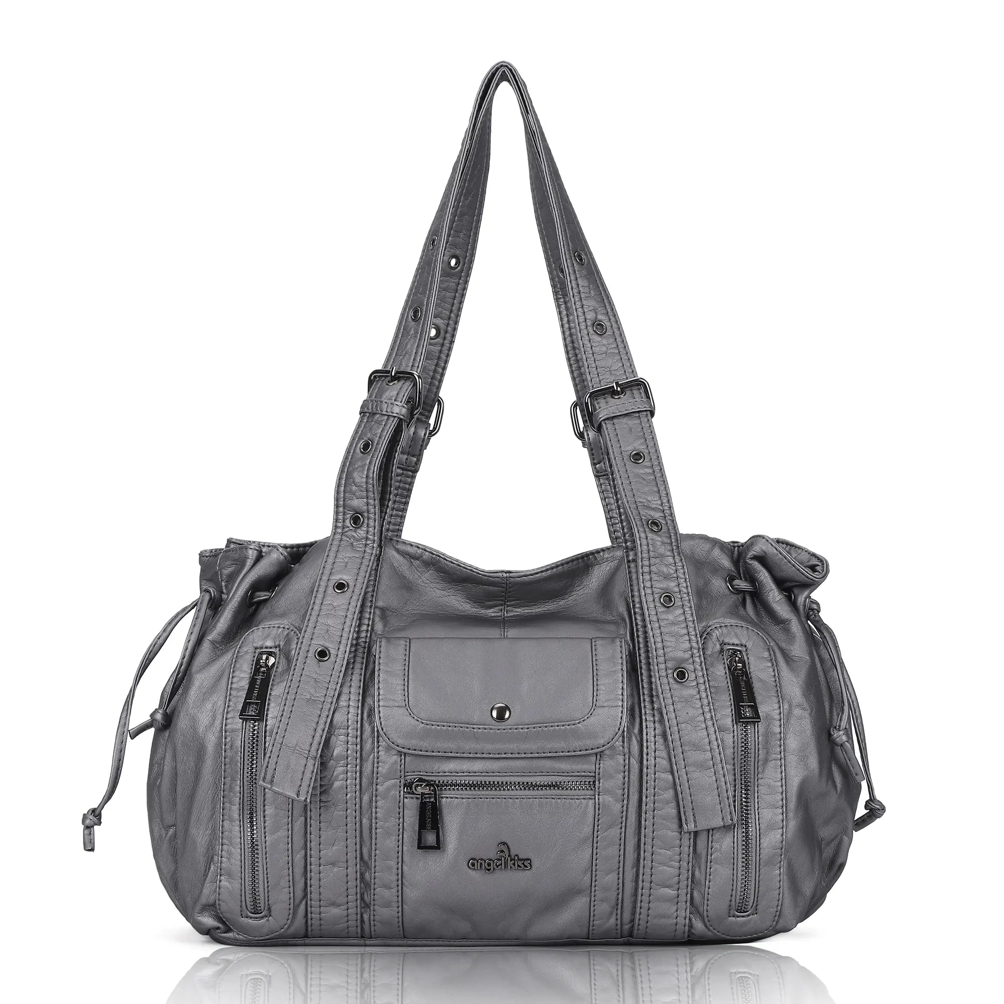Vintage Multi Pocket Vegan Leather Shoulder Tote with Wide Straps