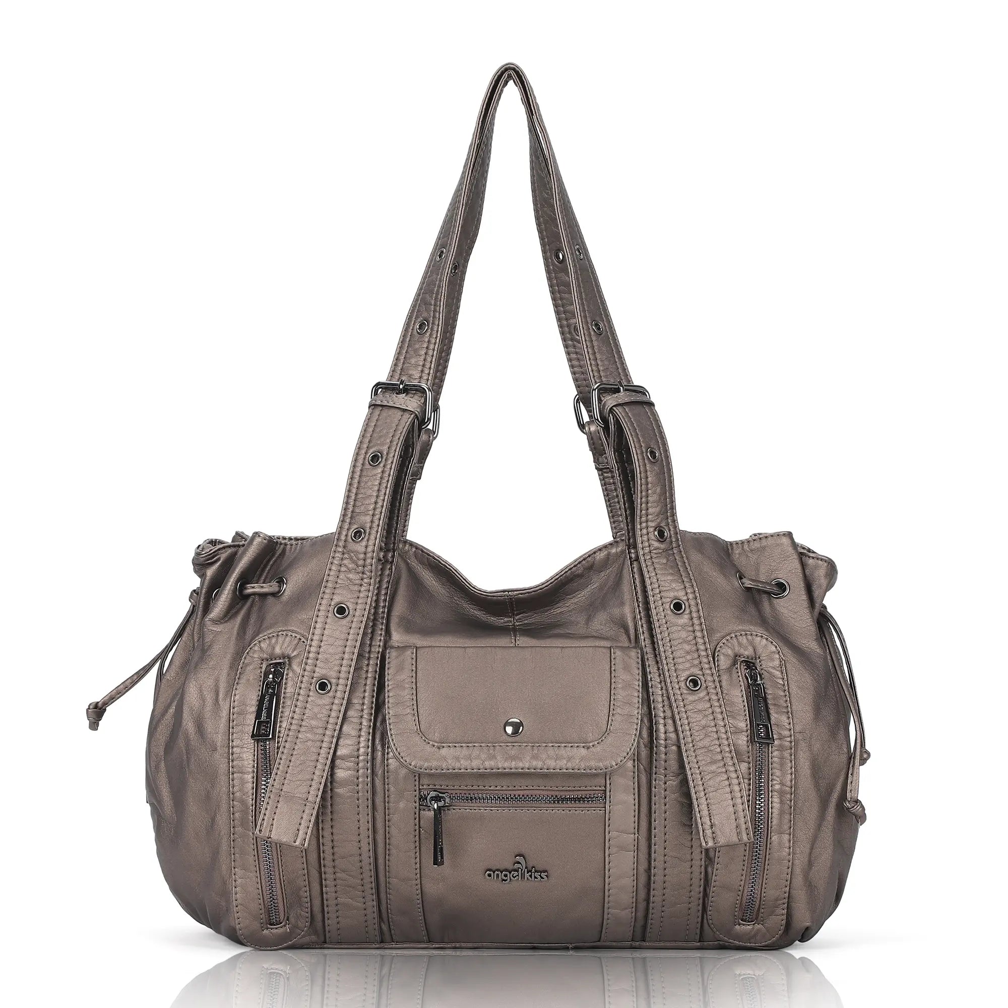 Vintage Multi Pocket Vegan Leather Shoulder Tote with Wide Straps