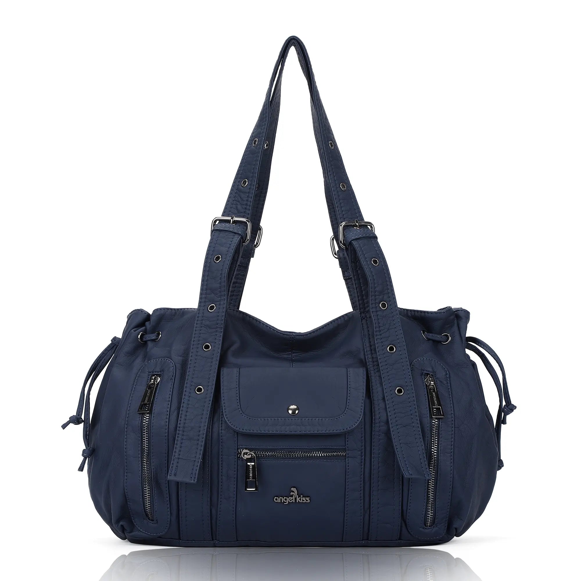 Vintage Multi Pocket Vegan Leather Shoulder Tote with Wide Straps