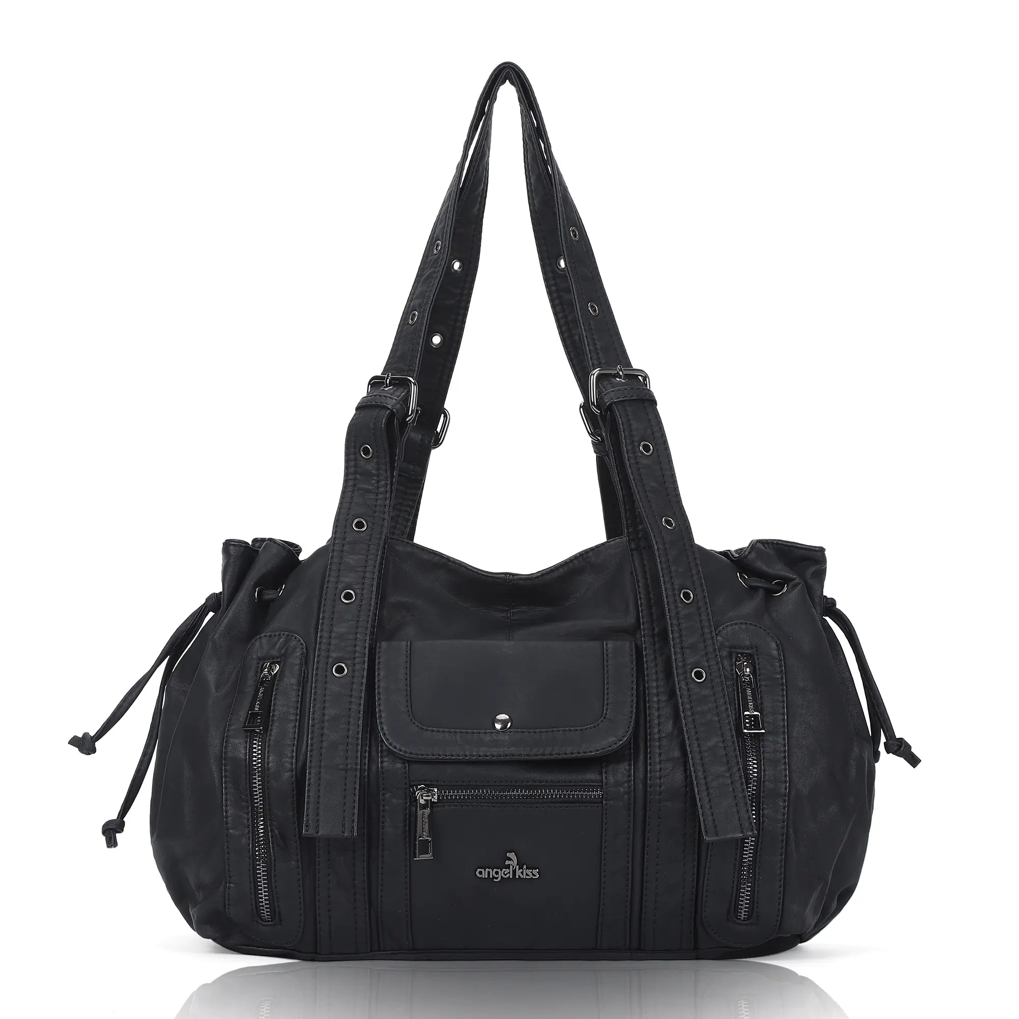 Vintage Multi Pocket Vegan Leather Shoulder Tote with Wide Straps