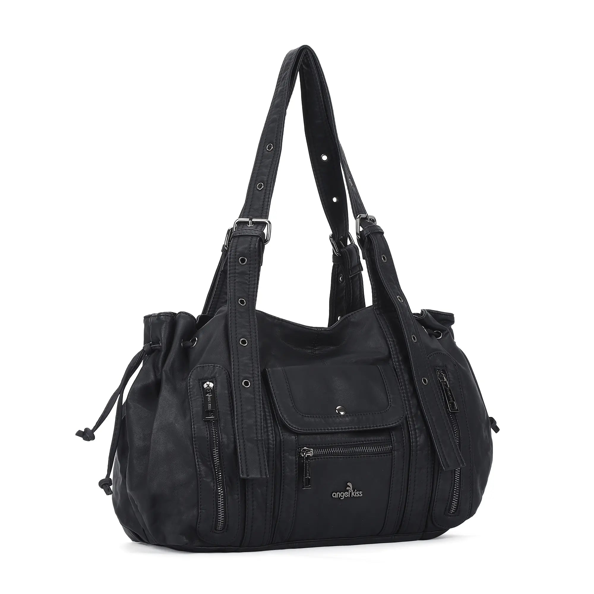 Vintage Multi Pocket Vegan Leather Shoulder Tote with Wide Straps