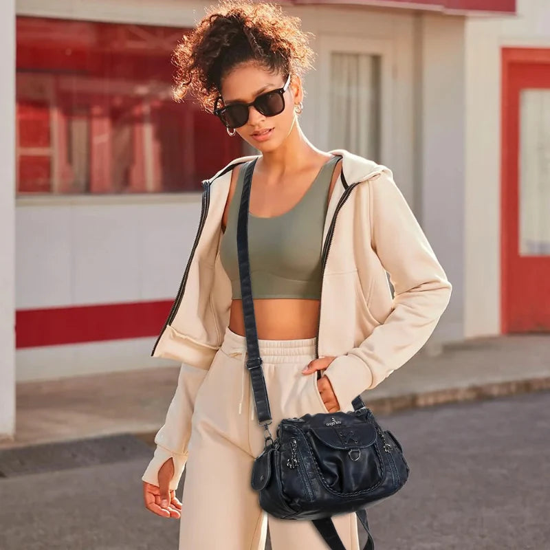 Vegan Leather Shoulder Handbag – Vintage Multi-Pocket Tote Bag