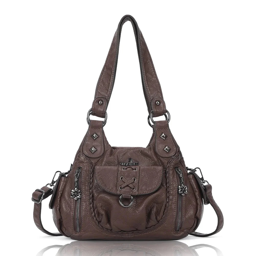 Vegan Leather Shoulder Handbag – Vintage Multi-Pocket Tote Bag