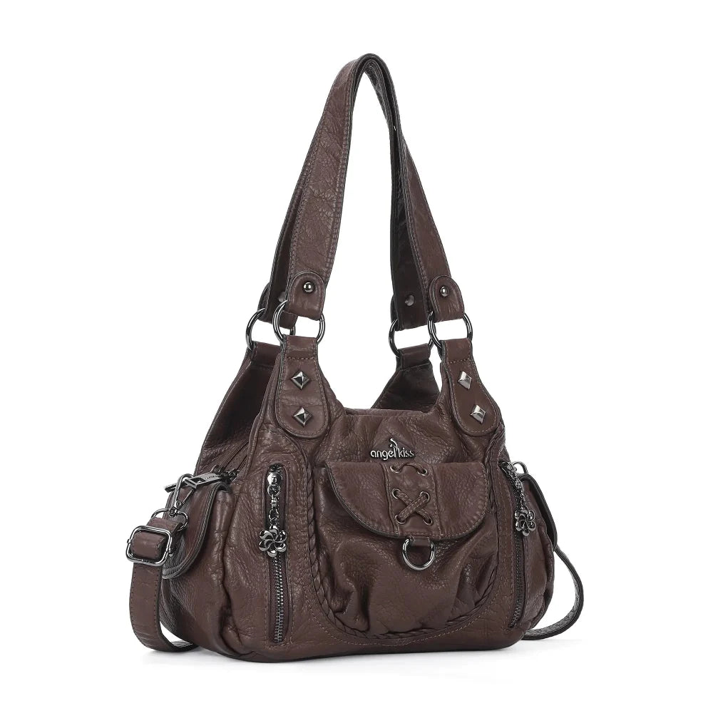 Vegan Leather Shoulder Handbag – Vintage Multi-Pocket Tote Bag