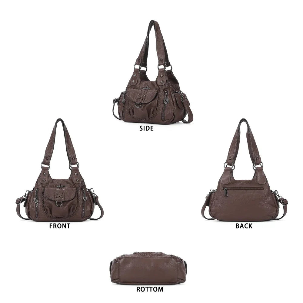 Vegan Leather Shoulder Handbag – Vintage Multi-Pocket Tote Bag