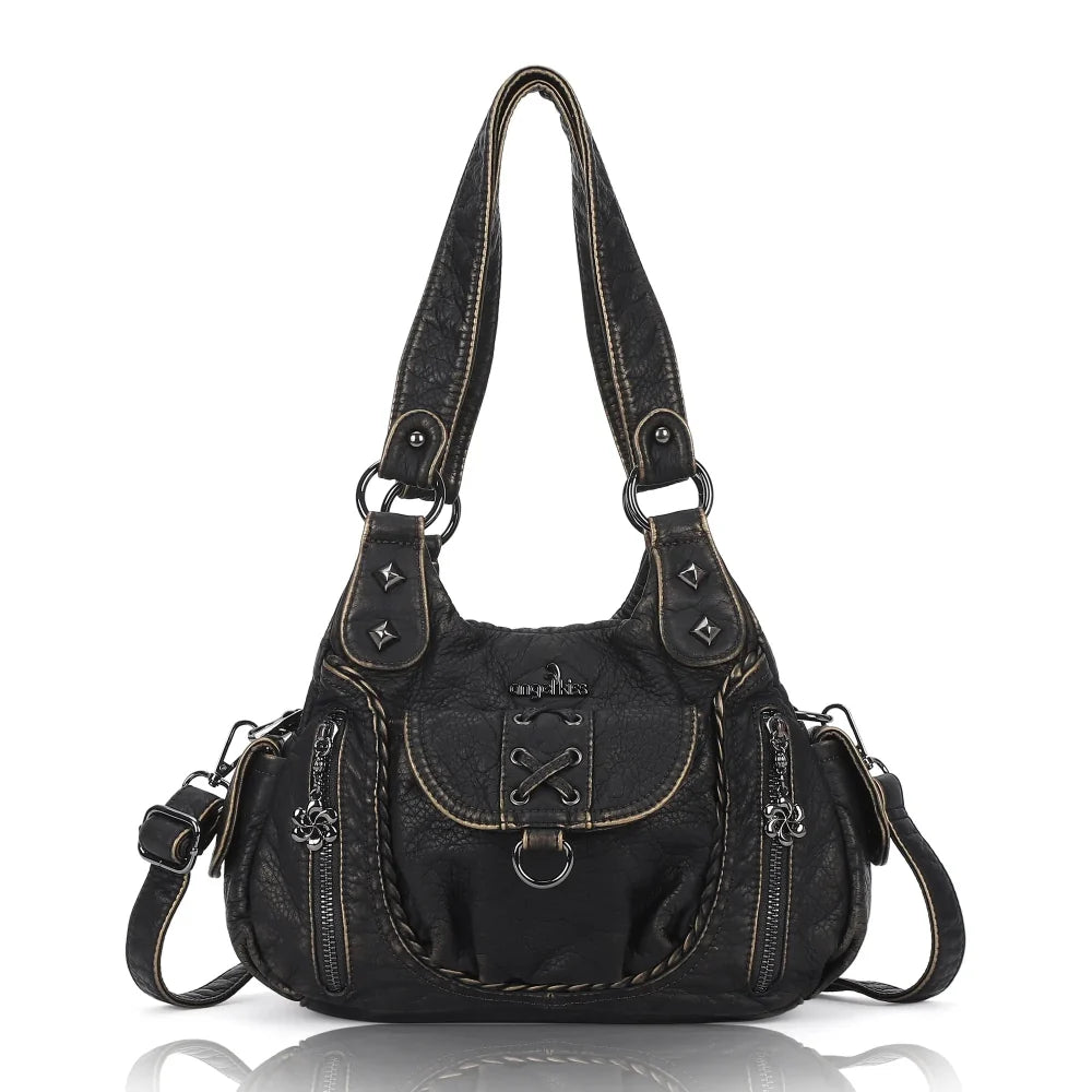 Vegan Leather Shoulder Handbag – Vintage Multi-Pocket Tote Bag