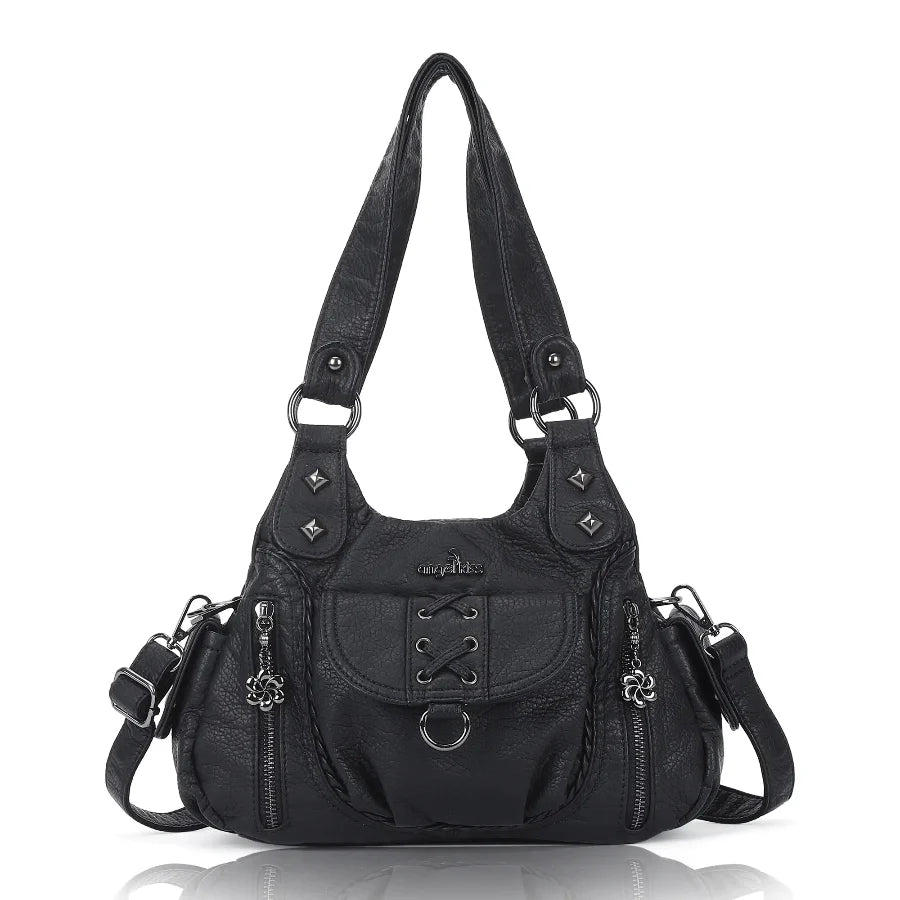 Vegan Leather Shoulder Handbag – Vintage Multi-Pocket Tote Bag