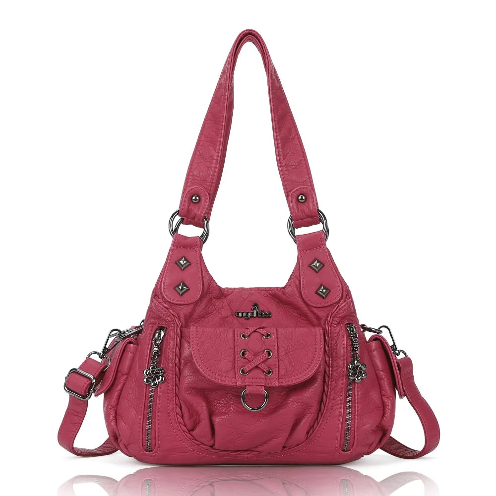 Vegan Leather Shoulder Handbag – Vintage Multi-Pocket Tote Bag