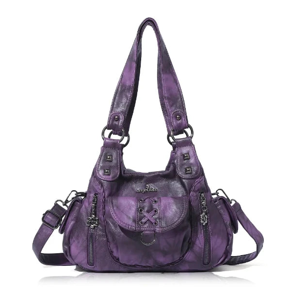 Vegan Leather Shoulder Handbag – Vintage Multi-Pocket Tote Bag