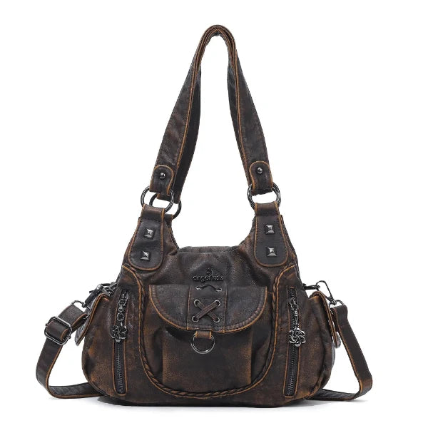 Vegan Leather Shoulder Handbag – Vintage Multi-Pocket Tote Bag