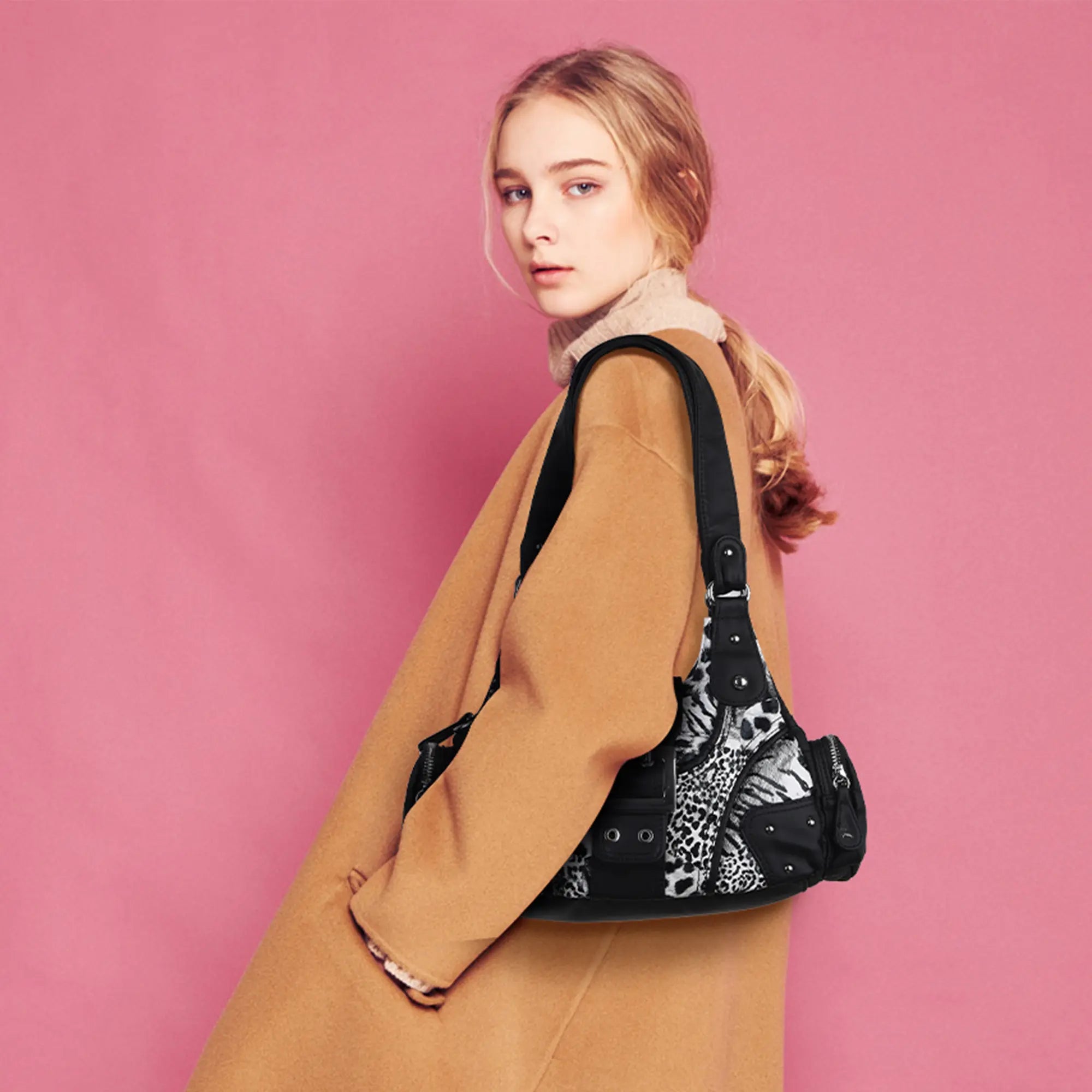 Retro Trend Patchwork Leopard Print Vegan Leather Shoulder Tote Bag
