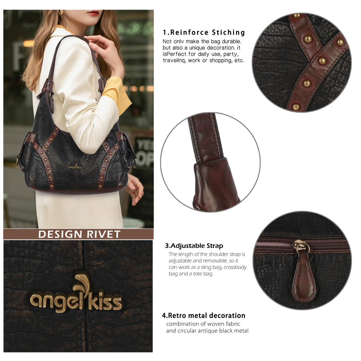 Modern Trendy Vintage Vegan Leather Hobo Tote Shoulder Bag