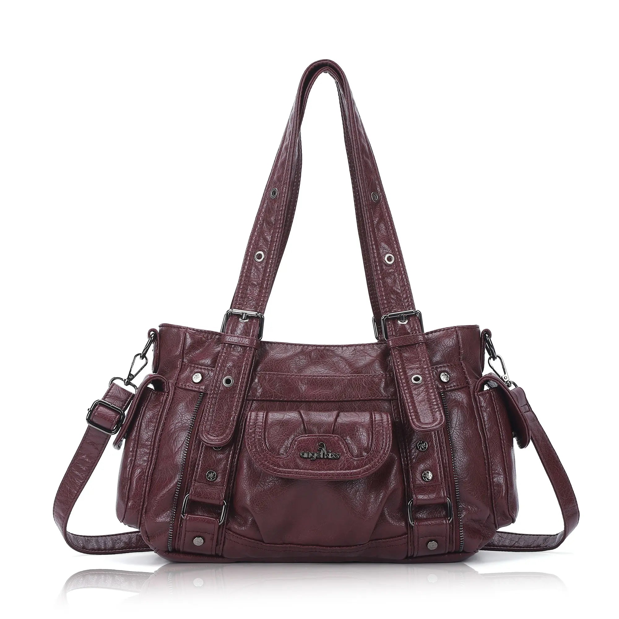 Textured Multi-Pocket Shoulder Bag with Rivet Details