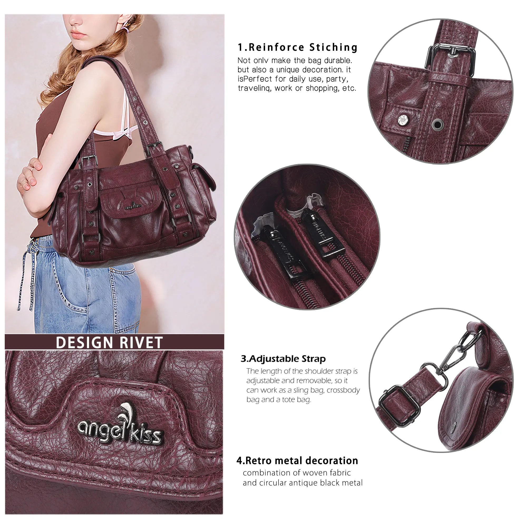 Textured Multi-Pocket Shoulder Bag with Rivet Details