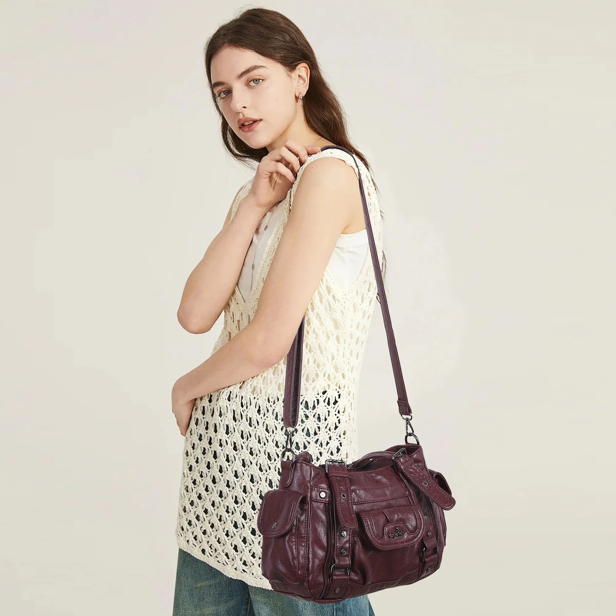 Textured Multi-Pocket Shoulder Bag with Rivet Details