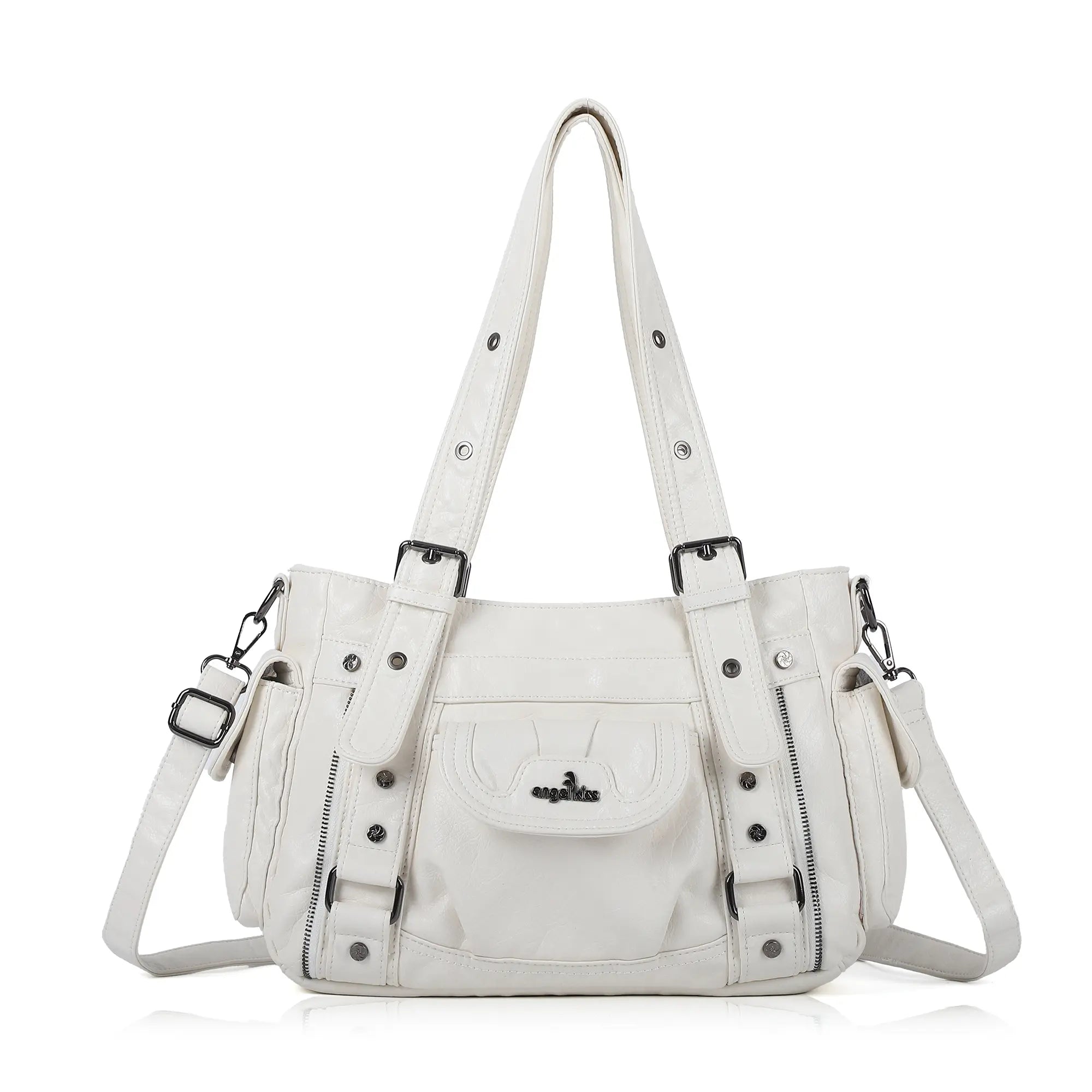 Textured Multi-Pocket Shoulder Bag with Rivet Details
