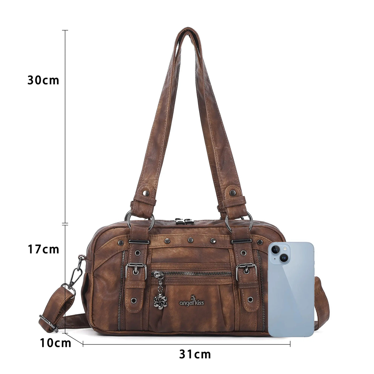 Tie-Dye Multi-Pocket Shoulder Tote Bag with Studded Zipper Details