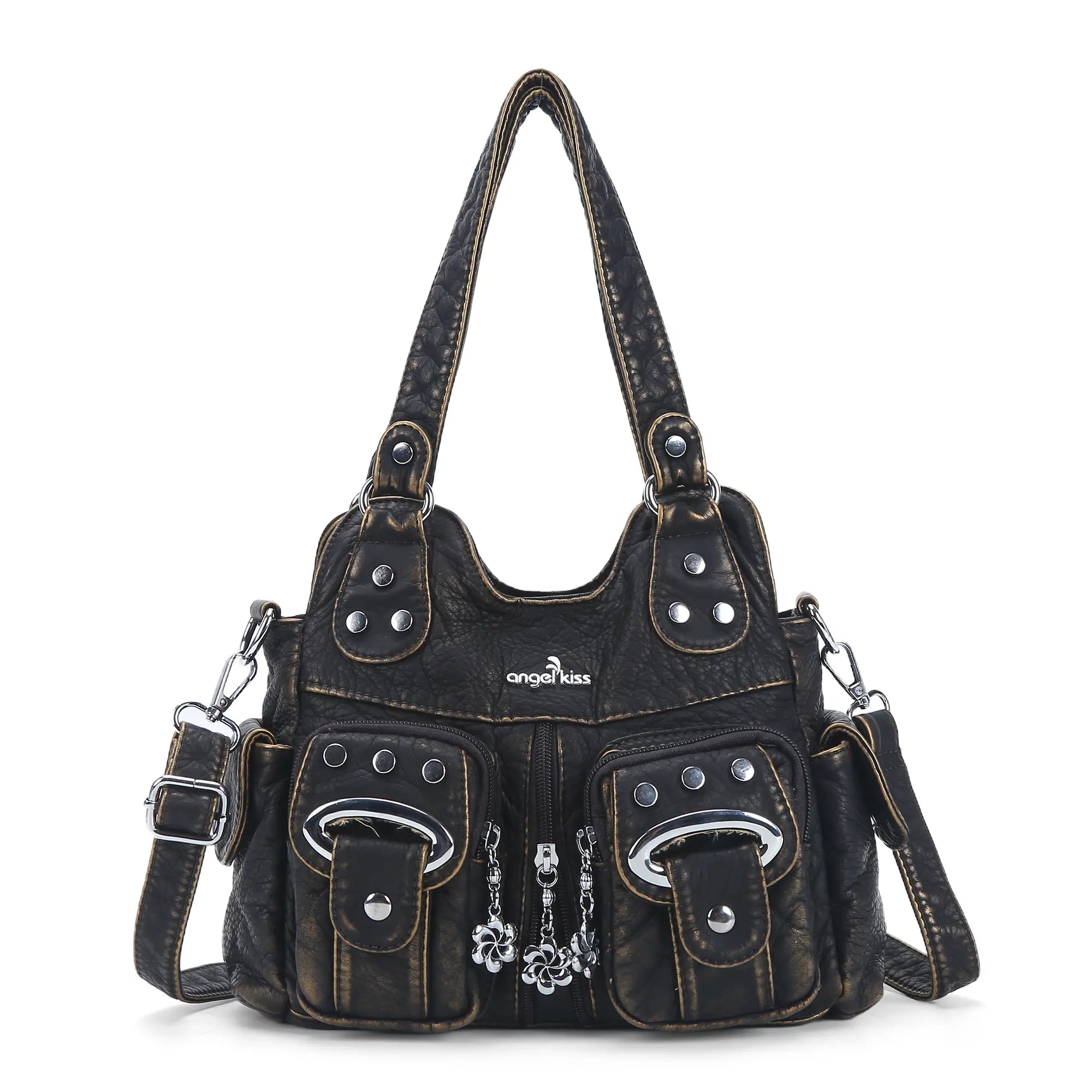 Vintage Multi-Pocket Shoulder Bag - Washed Texture with Studs & Charms