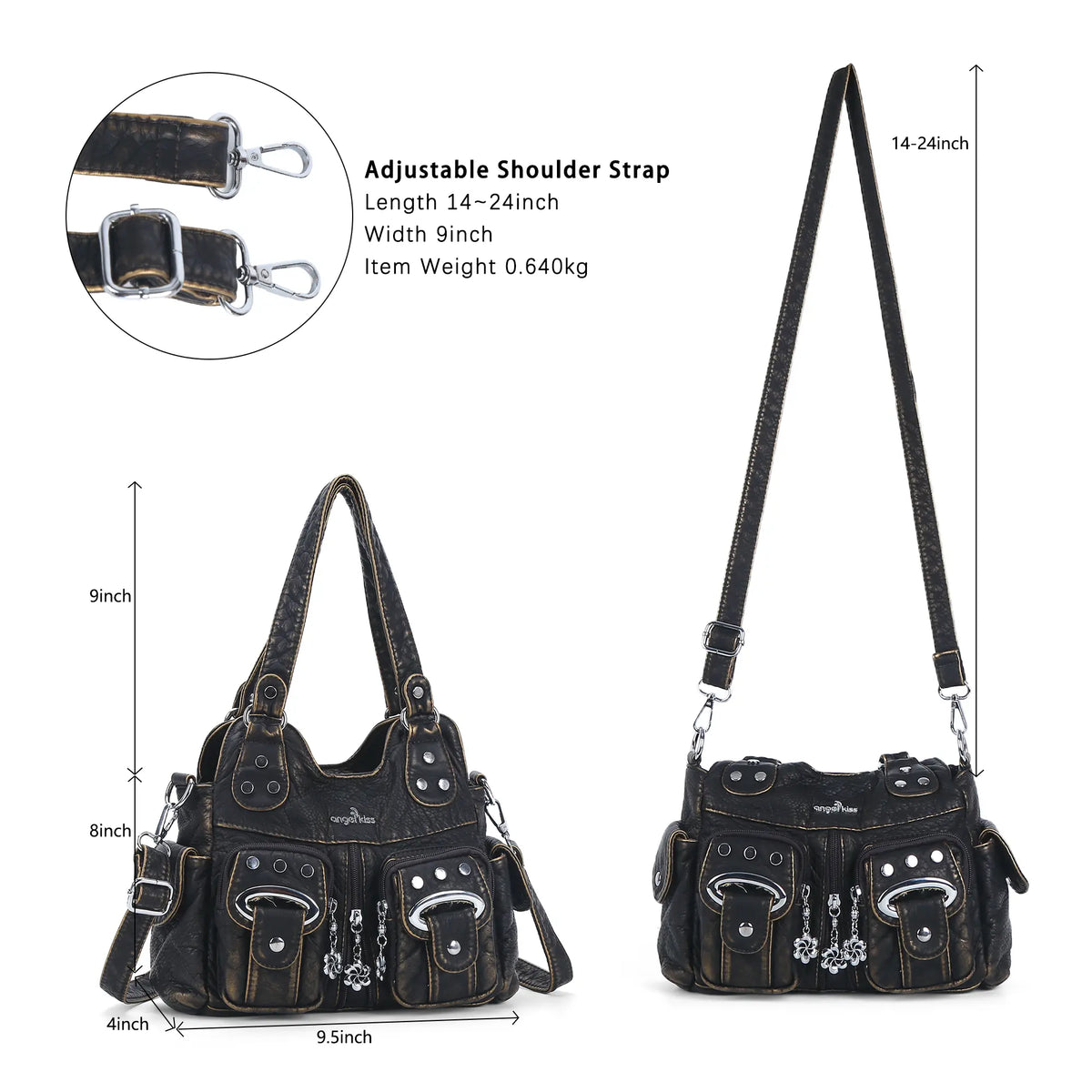 Vintage Multi-Pocket Shoulder Bag - Washed Texture with Studs & Charms