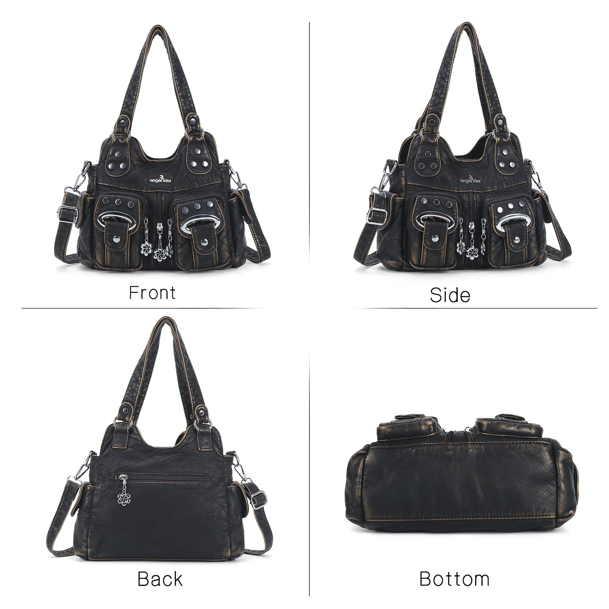 Vintage Multi-Pocket Shoulder Bag - Washed Texture with Studs & Charms