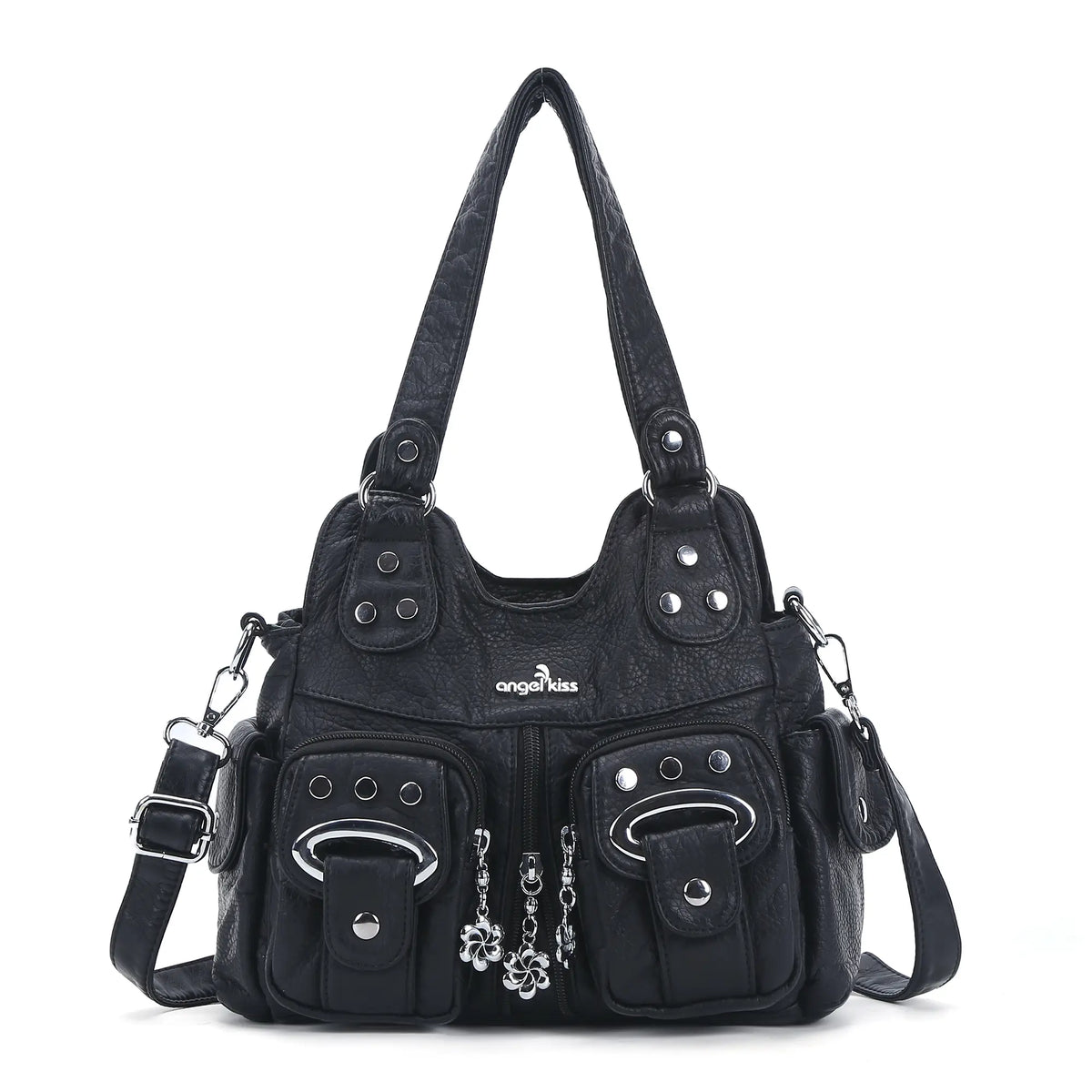 Vintage Multi-Pocket Shoulder Bag - Washed Texture with Studs & Charms