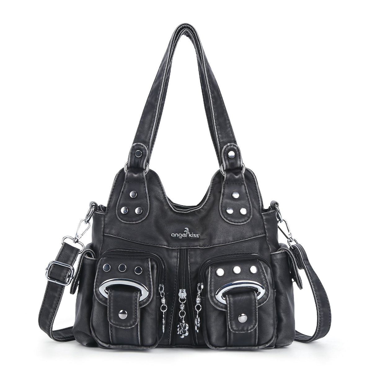 Vintage Multi-Pocket Shoulder Bag - Washed Texture with Studs & Charms