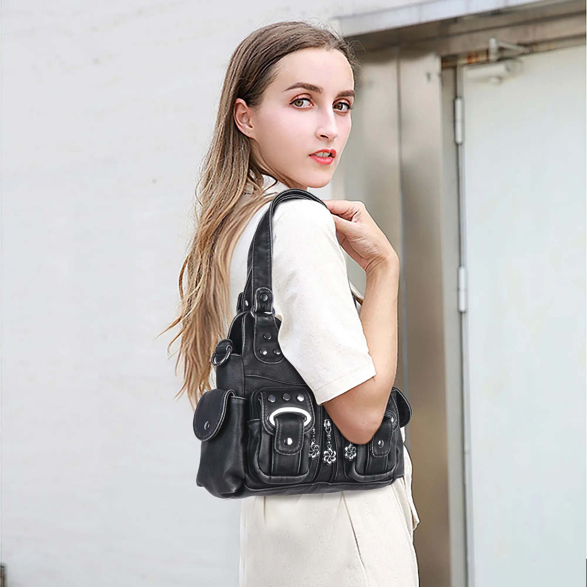 Vintage Multi-Pocket Shoulder Bag - Washed Texture with Studs & Charms