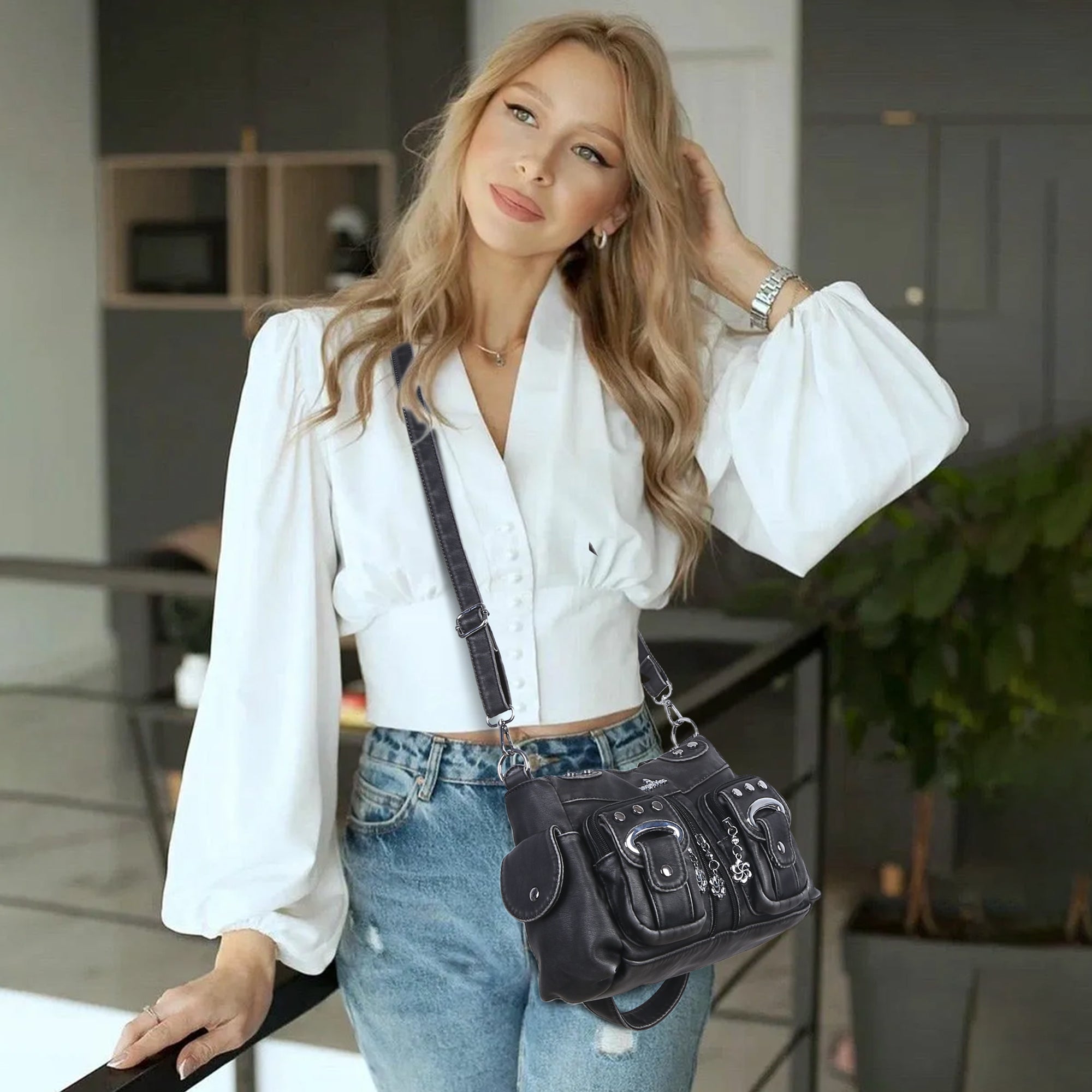 Vintage Multi-Pocket Shoulder Bag - Washed Texture with Studs & Charms