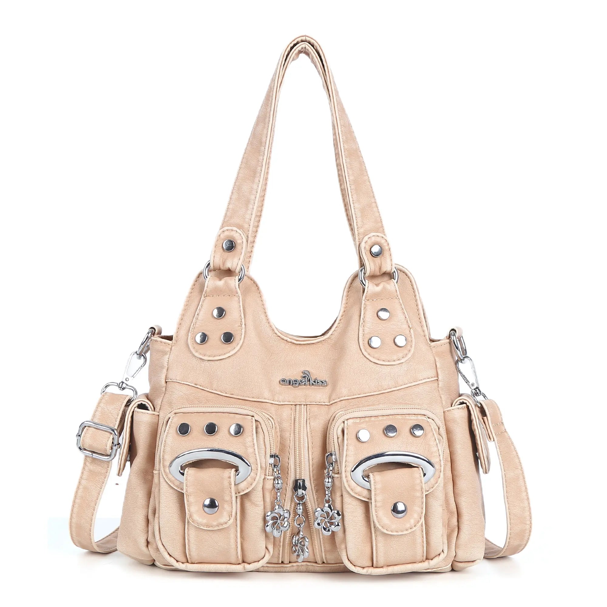 Vintage Multi-Pocket Shoulder Bag - Washed Texture with Studs & Charms