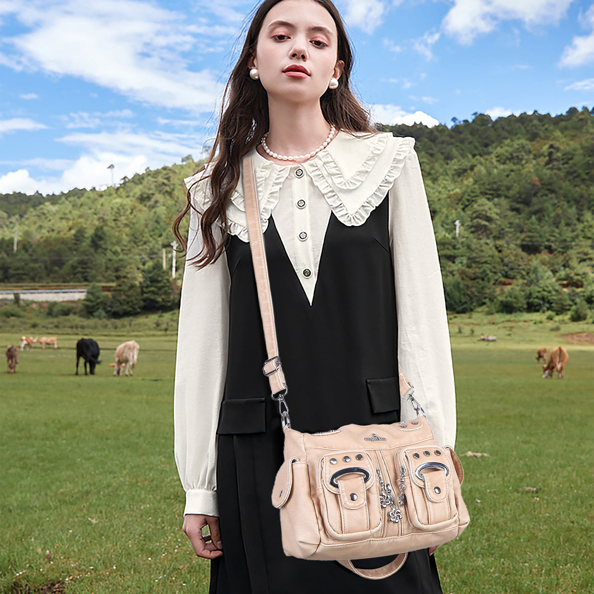 Vintage Multi-Pocket Shoulder Bag - Washed Texture with Studs & Charms
