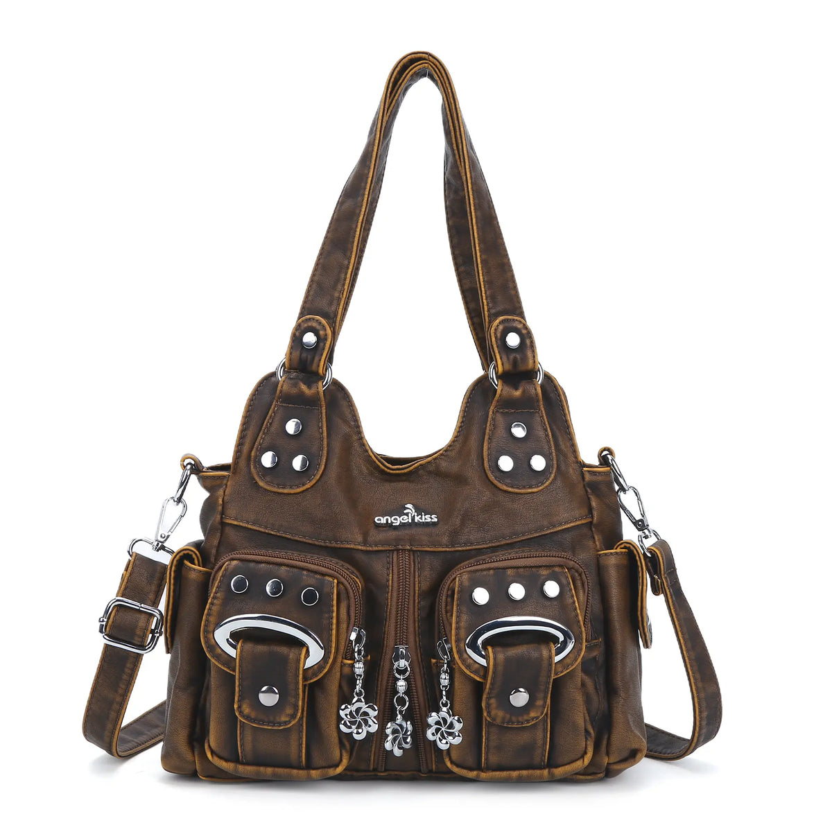 Vintage Multi-Pocket Shoulder Bag - Washed Texture with Studs & Charms