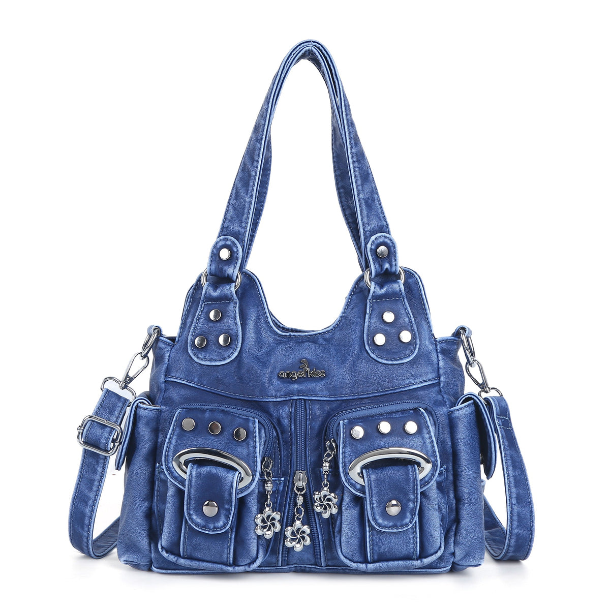 Vintage Multi-Pocket Shoulder Bag - Washed Texture with Studs & Charms