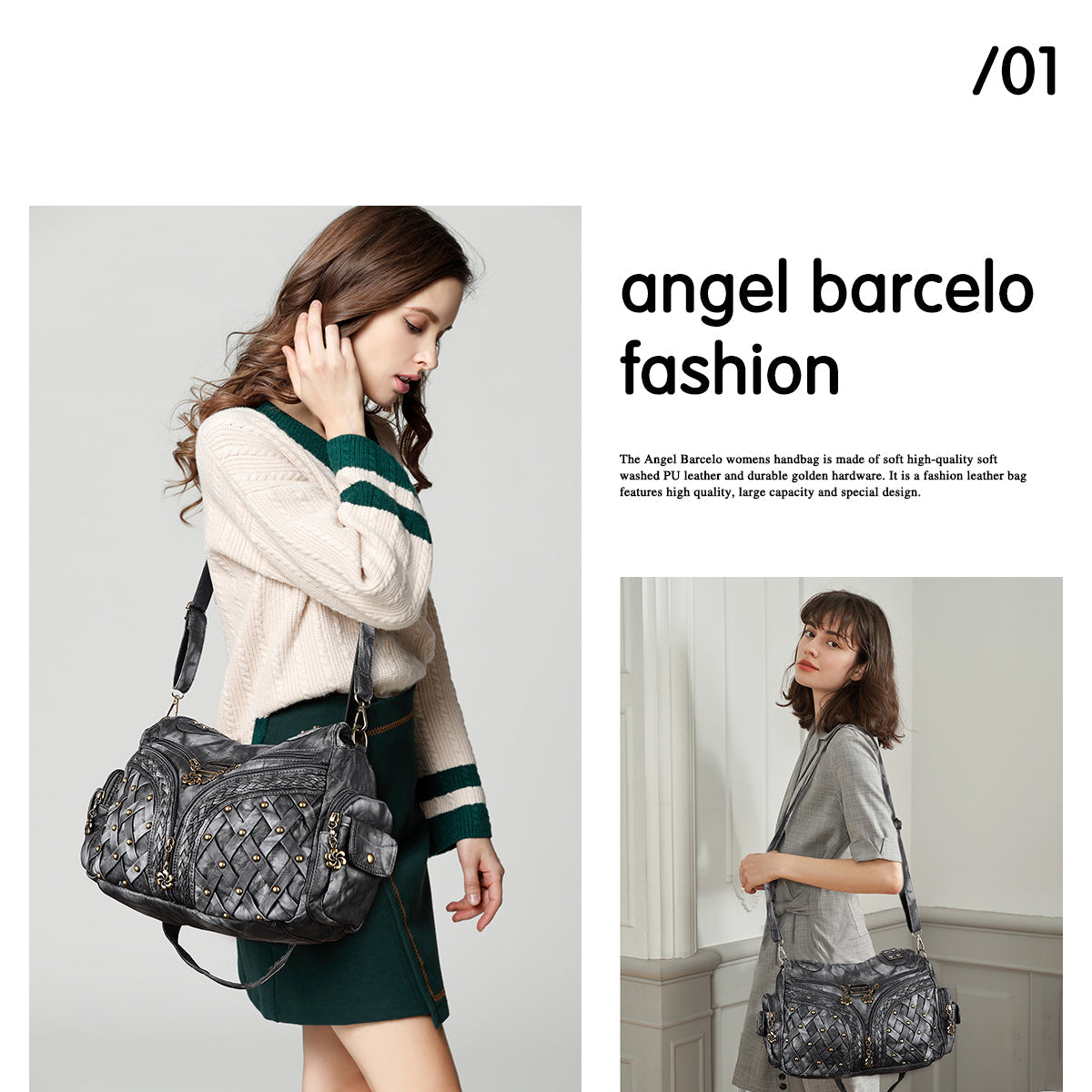 PU Studded Braided Multi-Pocket Hobo Bag