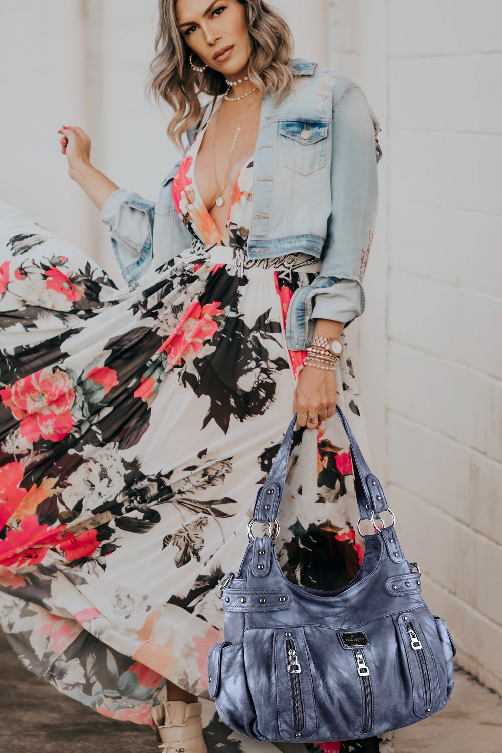 Washed Multi-Zip Hobo Shoulder Bag