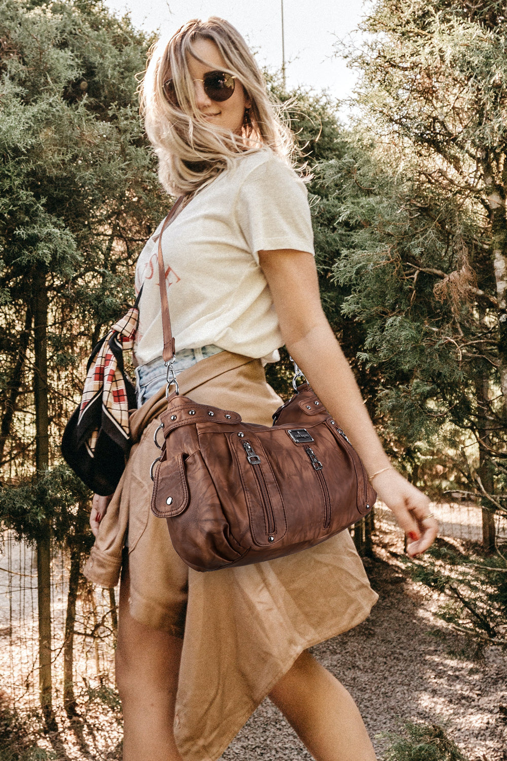 Washed Multi-Zip Hobo Shoulder Bag