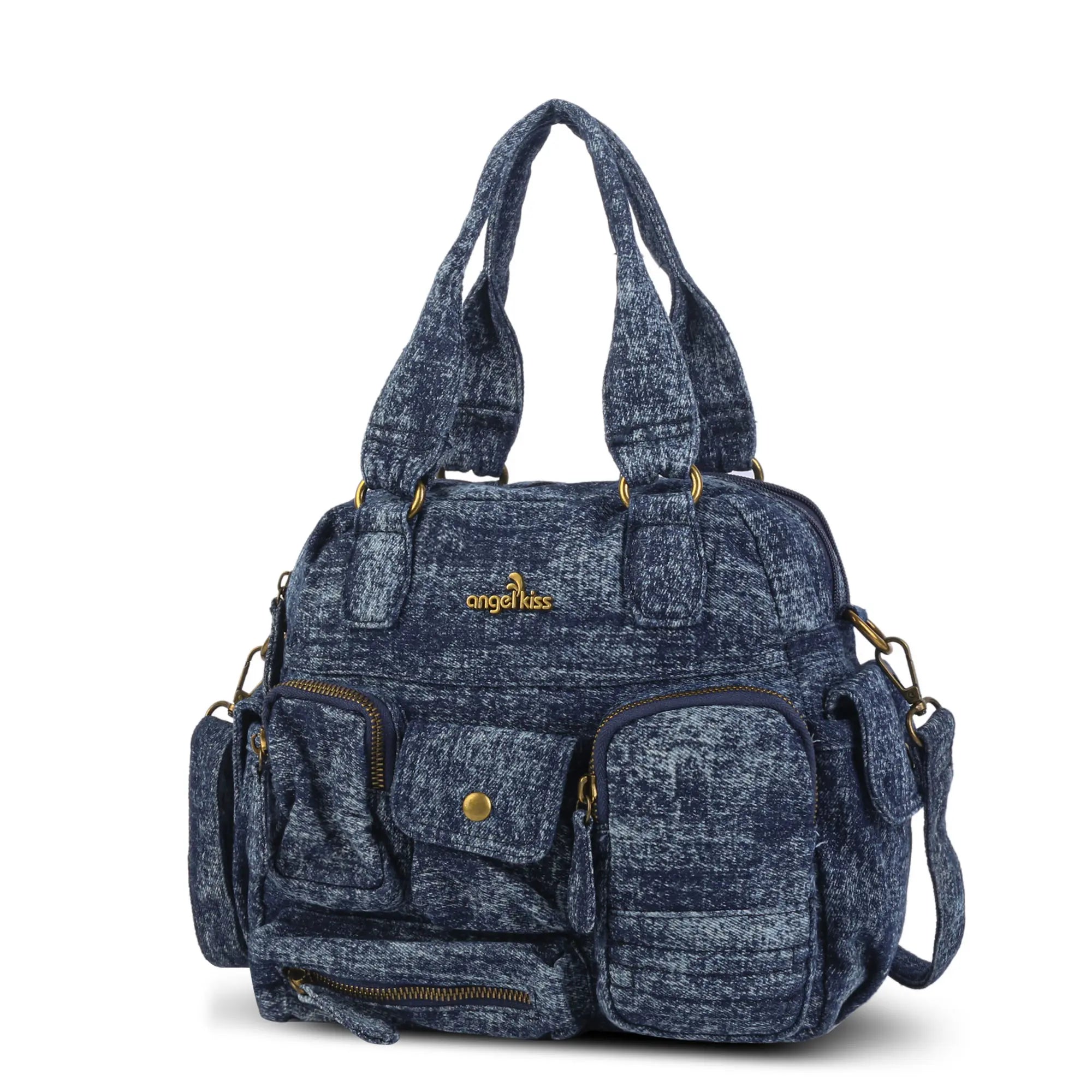 Multi-Pocket Soft Denim Tote Bag – Casual Everyday Shoulder Bag with Top Handles
