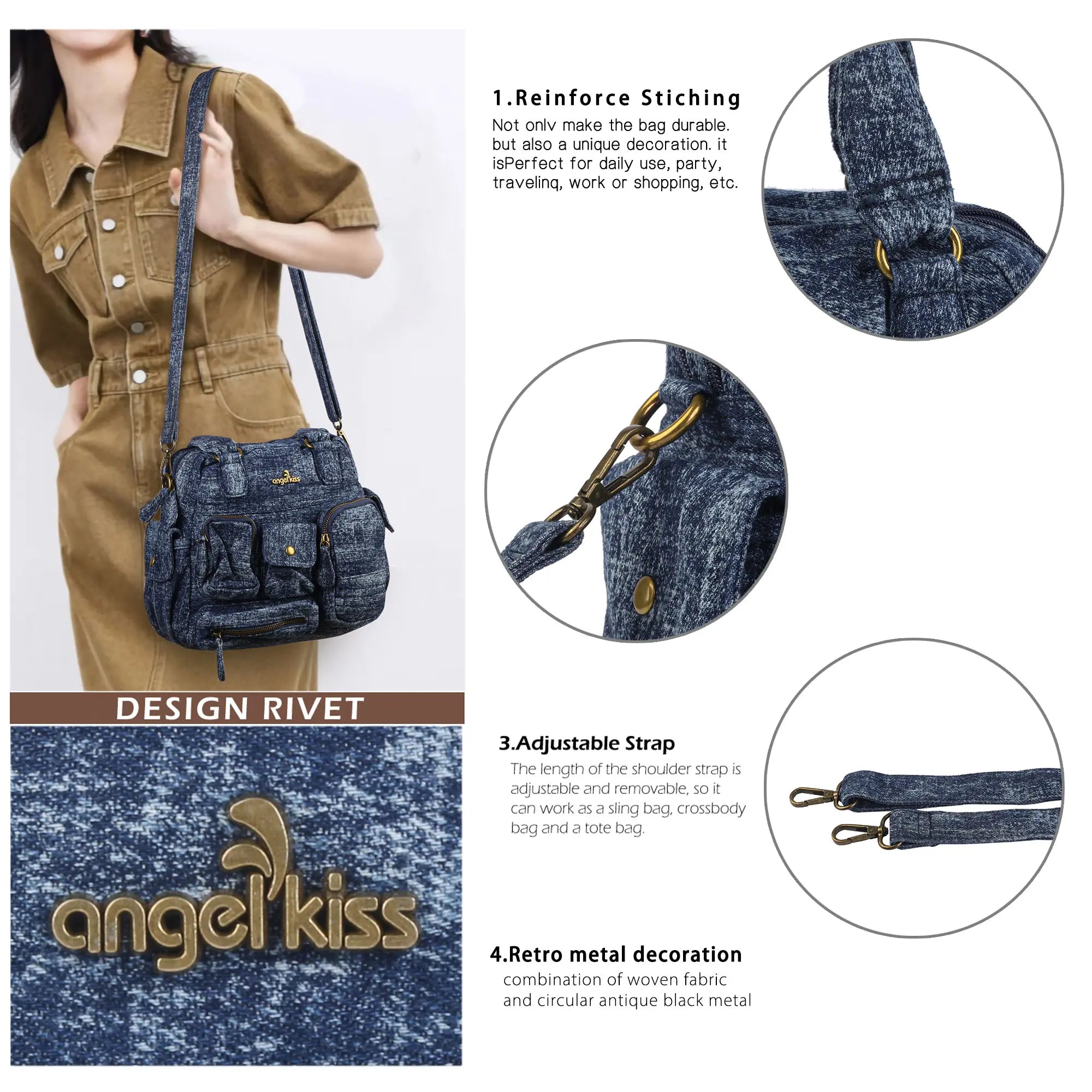 Multi-Pocket Soft Denim Tote Bag – Casual Everyday Shoulder Bag with Top Handles