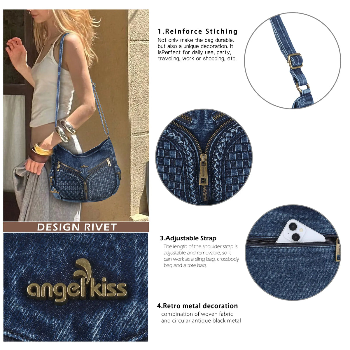 Large Size Street-Style Vintage Washed Denim Bag for Women