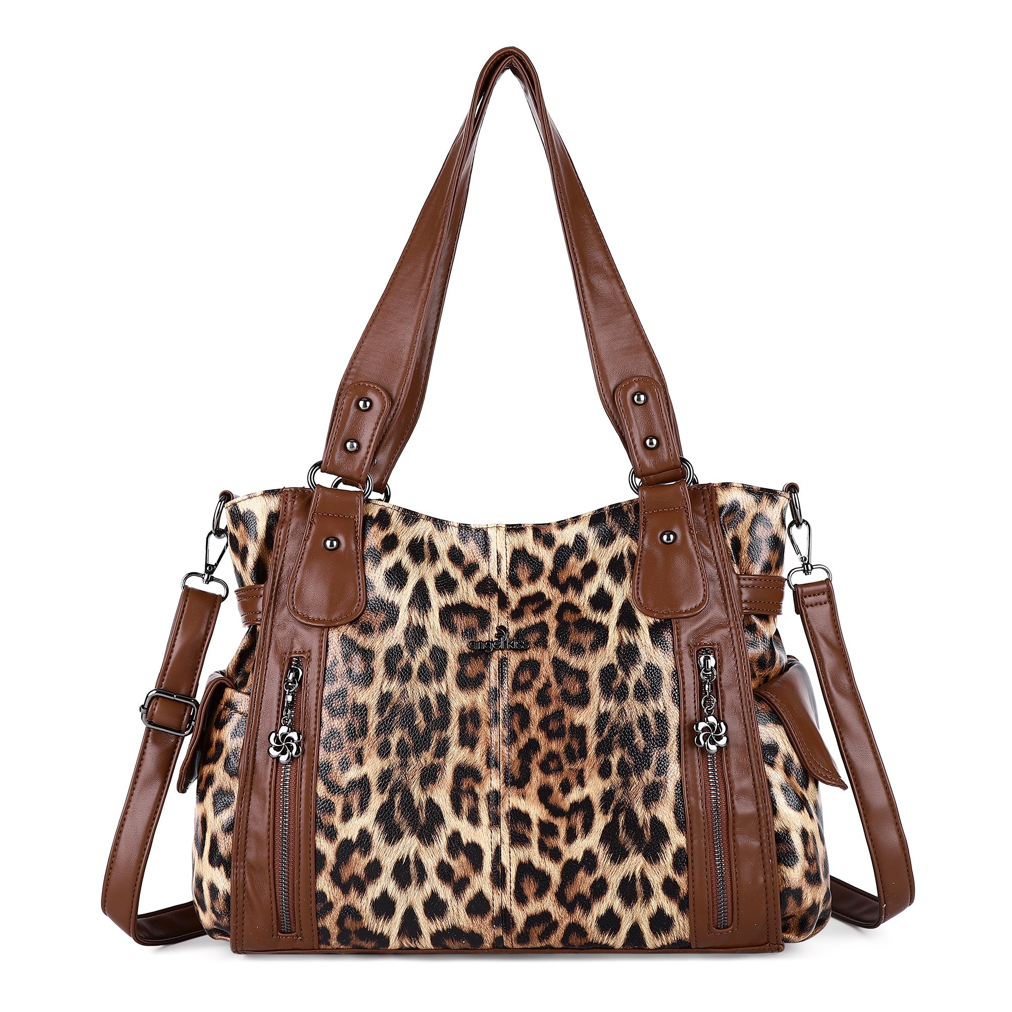 Leopard Print Shoulder Bag with Multiple Zip Pockets