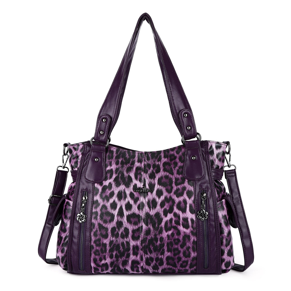 Leopard Print Shoulder Bag with Multiple Zip Pockets