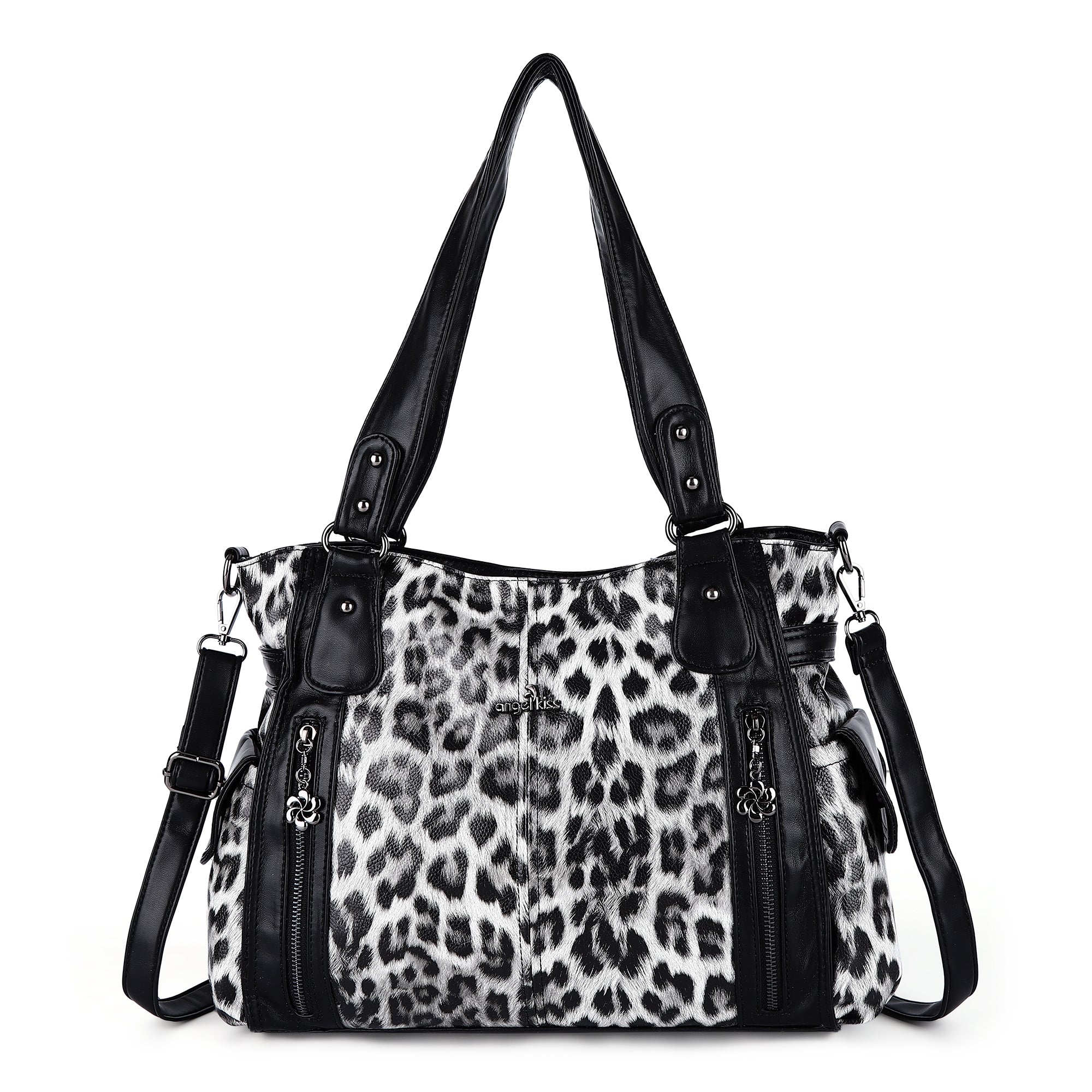 Leopard Print Shoulder Bag with Multiple Zip Pockets